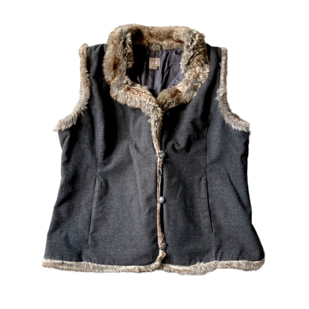 J Jill women's vest size L gray faux fur collar lined pockets